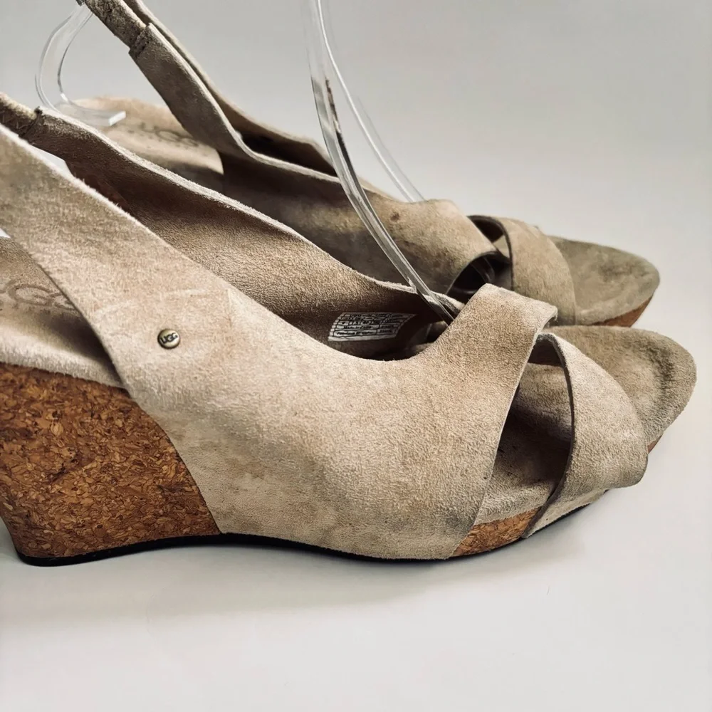 UGG Beige Suede Cork Sandals Wedge Platform Woman’s Shoe Size 9